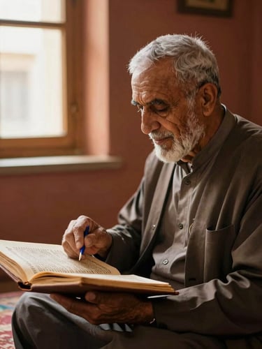 Dignified medium shot of an elder sharing a historical manuscript with a young Afghan-American, warm natural window light, rich lapis and terracotta tones