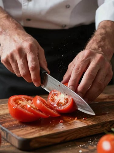 Tactile close-up of a chef's hands slicing fresh heirloom tomatoes on a dark wooden prep table, low-angle natural morning light, dust motes in the air