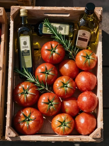 Top-down view of a modern gourmet market crate filled with heritage tomatoes, artisanal olive oil bottles, and fresh rosemary sprigs, captured in warm morning light with rich shadows.
