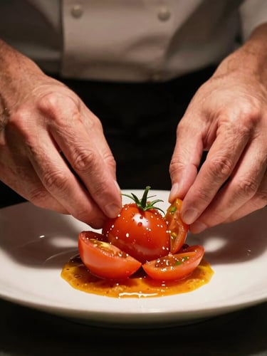 Close-up of a chef's hands plating a vibrant heirloom tomato dish under warm, low-angle kitchen overhead lights, deep shadows, rich textures.