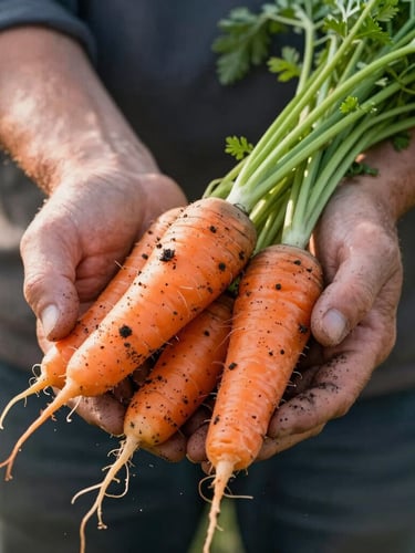 Close-up of farmer's hands with soil under fingernails holding freshly harvested heirloom carrots, soft morning light