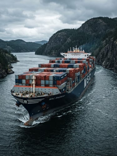 Cool maritime photography of a modern container vessel navigating a narrow channel under overcast daylight, sharp technical detail, 35mm
