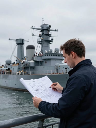 A side-view portrait of an analyst studying a large technical blueprint of a historic Royal Navy warship, cool overcast daylight, steel grey background