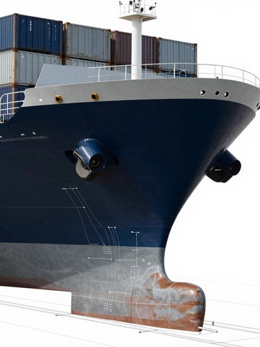 Technical blueprint schematic of a modern container ship hull, clean grey lines on a stark white background, architectural detailing