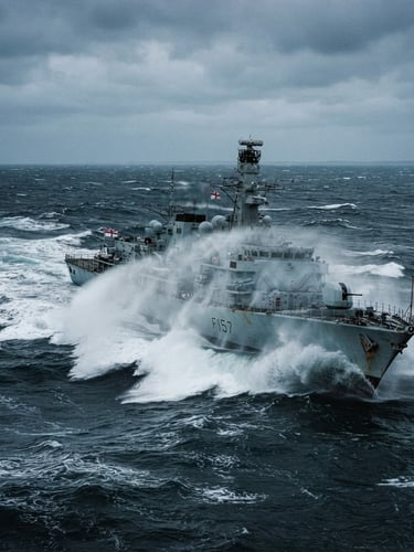 Cool maritime photography of a modern Royal Navy frigate cutting through cold steel-grey North Sea spray, overcast daylight, wide-angle 35mm.
