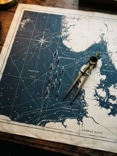 Macro top-down photograph of a wooden tactical naval map, brass dividers resting on hand-drawn coordinates, miniature ironclad ship models positioned in formation, warm desk light casting long shadows, 35mm.