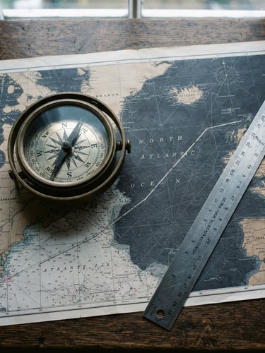 A close-up top-down shot of a wooden desk with a brass compass, vintage maritime maps, and a steel ruler under warm focused light, 35mm