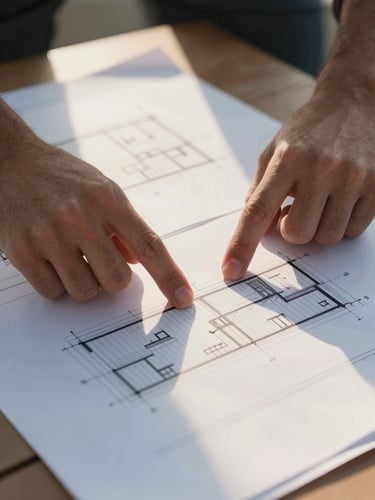 Architect reviewing elevation drawings spread across a site table in natural daylight, close-up of hands pointing to a section detail, no faces, warm afternoon light catching the paper edges