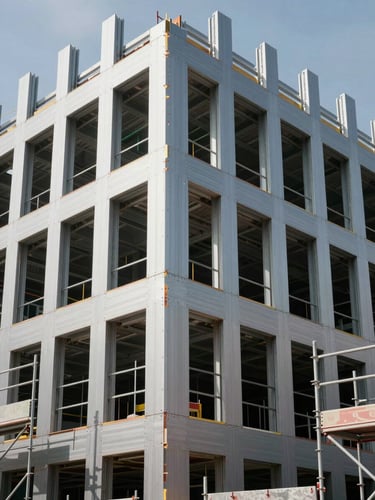 Wide angled shot of a building facade mid-installation, ACP panels being fixed to a structural frame, natural daylight showing the precision of joint alignment, no workers' faces visible, scaffolding framing the composition