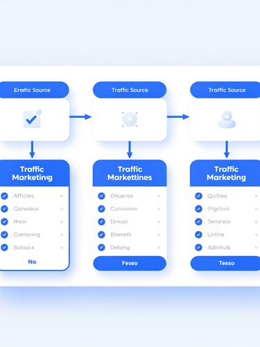 A clean minimalist UI mockup of an affiliate marketing sales funnel workflow diagram, showing traffic sources connecting to conversion pages, electric blue accents, crisp white background.