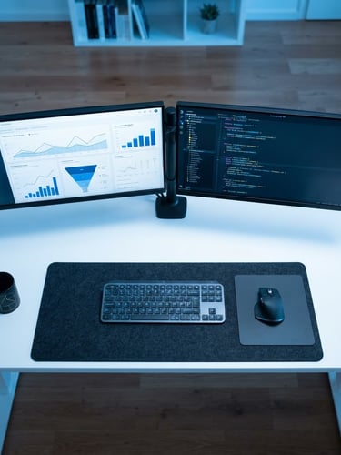 Top-down view of a clean developer desk with dual monitors displaying conversion rate analytics graphs and code, cool blue studio lighting, minimalist tech photography