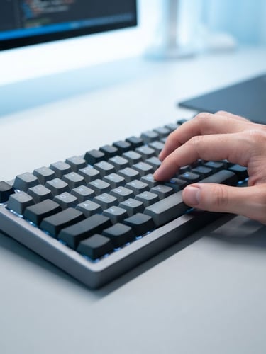 Close-up of hands typing on a modern mechanical keyboard, cool blue and white studio lighting, minimalist tech photography style, sharp focus