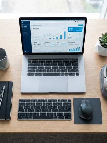 Top-down clean minimalist flat lay of a modern workspace with a laptop displaying a sleek affiliate sales dashboard, cool blue tones, sharp focus.