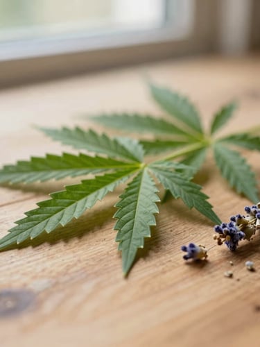 Macro photograph of fresh green hemp leaves and dried lavender buds on a warm rustic wood surface, soft natural side lighting, shallow depth of field, 35mm