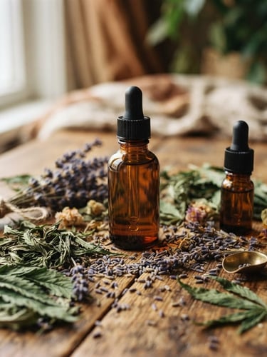 Close-up of amber glass dropper bottles and clean botanical ingredients like dried hemp leaves and lavender, arranged on a warm wood surface under soft natural window light, shallow depth of field.