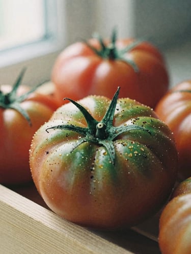 Close-up of fresh organic heirloom tomatoes with soil dust, resting on a wooden crate, soft Scandinavian morning light, shallow depth of field, 35mm film.