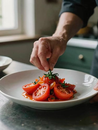 Close-up of chef hands carefully plating a vibrant heirloom tomato dish, soft directional side light, rustic kitchen background, 35mm film, rich crimson tones.