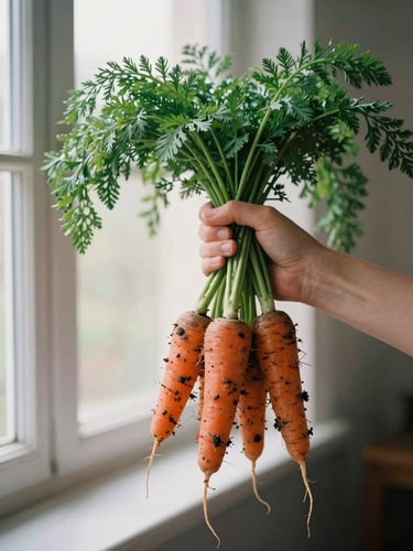 Hands holding a bunch of freshly harvested muddy carrots with vibrant green tops, soft natural window light, 35mm rustic style.