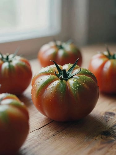 Macro shot of heirloom tomatoes resting on a rustic wooden table, soft Scandinavian window light, deep crimson and forest green tones, 35mm film