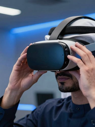 Close-up of a Qatari professional using a modern VR headset in a sleek, high-tech training room with cool blue ambient light