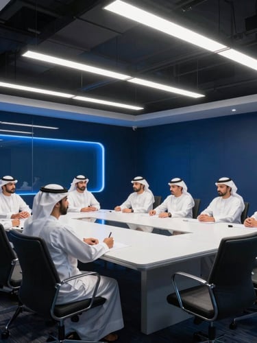 A sharp, medium-wide environmental shot of a modern Qatari corporate training room in West Bay Doha, crisp architectural lighting with cool blue ambient tech glows, 35mm