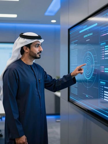 A professional Qatari executive wearing traditional attire engages with an interactive digital screen in a high-tech boardroom, cool blue ambient lighting, premium corporate photography, 35mm