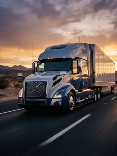 Low-angle heroic shot of a clean modern semi-truck moving at golden hour on an open highway, dramatic twilight lighting, motion blur on wheels, 35mm cinematic style