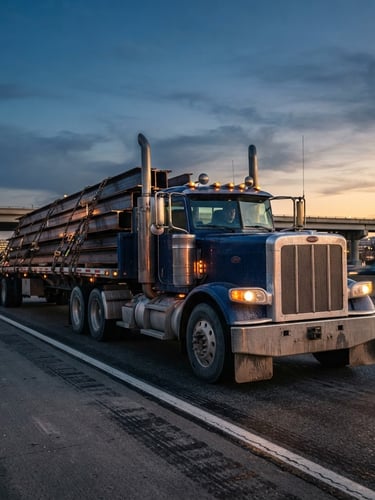 Low-angle heroic shot of a heavy-duty flatbed truck loaded with steel beams, secured with heavy chains, twilight highway light reflecting on metallic surfaces, 35mm lens