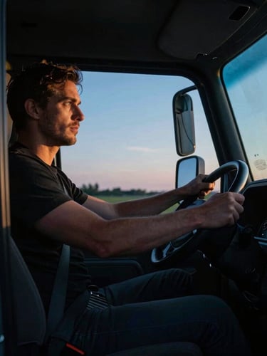 Close-up of a truck driver hands on a steering wheel, focused expression, dramatic low-key twilight lighting inside the cab, metallic details