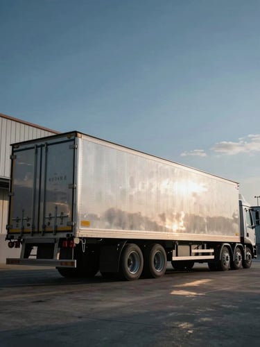 High-contrast overcast daylight shot of a step-deck trailer parked at a modern industrial warehouse bay, silver metallic surfaces catching the light, wide-angle 35mm lens
