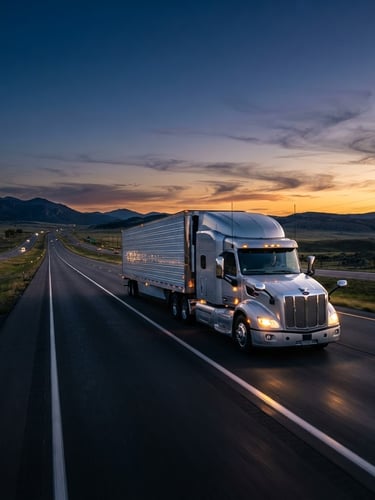 Dramatic cinematic wide-angle shot of a silver semi-truck driving on an open highway at twilight, golden-hour light streaks, deep blue sky, metallic reflections, 35mm lens.