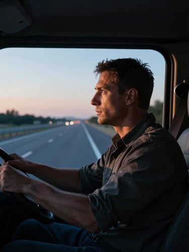 Close-up of a truck driver hands on a steering wheel, focused expression, cinematic dramatic lighting, highway visible through windshield