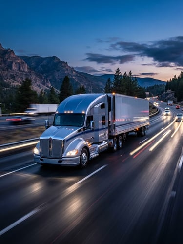 Wide-angle heroic shot of a modern clean semi-truck with a reefer trailer speeding down a twilight highway, light streaks, deep blue and silver tones, cinematic 35mm photography