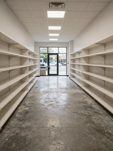 Wide environmental view of a completed commercial retail interior — polished concrete floors, recessed LED grid overhead, clean shelving runs extending to the far wall, overcast natural daylight through storefront glazing, no people, space ready for opening day