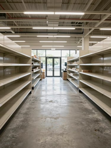 Wide environmental view of a completed big-box retail interior, concrete floors freshly polished, overhead LED fixtures installed in long rows, store shelving units in place and empty ready for product, natural daylight flooding through storefront glass at the far end, no people, clean and precise, shot from the back of the aisle looking toward the entrance