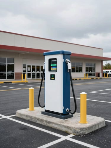 Exterior view of a large-format home improvement store parking area, a newly installed air pump station mounted on a concrete pad near the entrance, clean asphalt, overcast even daylight, no vehicles, no people, wide shot from the left side emphasizing the installation detail and store facade in background