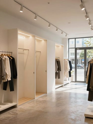 Wide interior shot of a completed department store renovation, new dressing room partitions installed, updated LED track lighting illuminating clothing racks, polished flooring, empty sales floor ready for merchandise, natural daylight from storefront windows to the right, shot from the left third