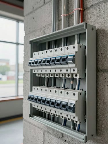 Close-up environmental view of a finished commercial electrical panel installation inside a completed retail space, conduit runs neatly strapped to a concrete block wall, circuit breakers labeled and closed, overcast natural light from a high window to the left, no workers visible, space clean and ready for inspection