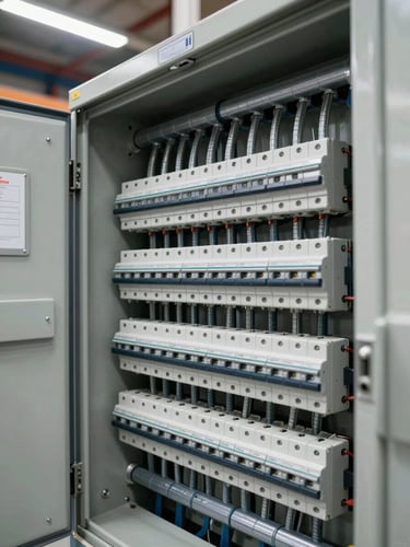 Close-up wide shot of a completed commercial electrical panel installation inside a big-box retail store, conduit runs neatly organized and labeled, breakers all seated, overcast fluorescent ambient light, no workers visible, clean finished environment