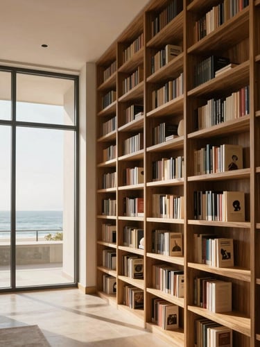 Architectural interior photography of a modern coastal library with floor-to-ceiling espresso wood shelving, natural light, warm minimalist styling