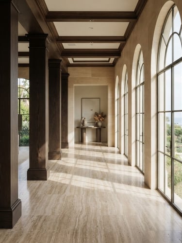 Architectural interior photography of a sun-drenched travertine hallway, deep espresso wood columns, soft natural coastal daylight streaming through high windows, high-end editorial