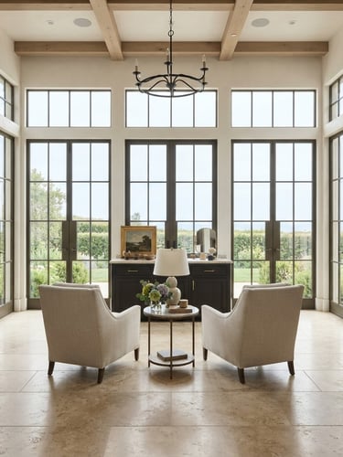 Straight-on architectural elevation of a light-filled estate morning room with deep espresso wood cabinetry, warm travertine floors, soft natural coastal daylight streaming through steel-framed windows.