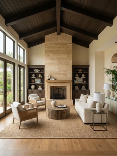 Straight-on architectural elevation of a light-filled Ponte Vedra living room, deep espresso wood beams, warm travertine fireplace, soft natural coastal daylight, high-end editorial photography