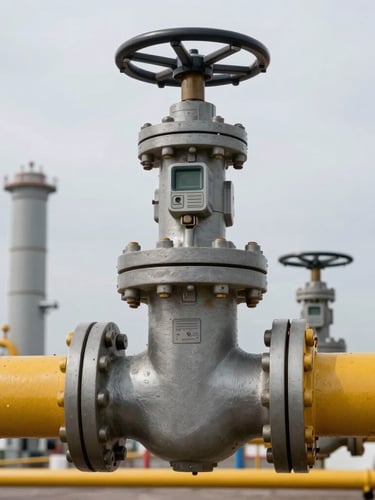 Close-up of high-spec industrial valves and yellow structural steel piping at an LNG terminal under overcast sky, high contrast details