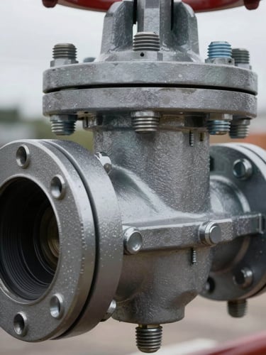 Extreme close-up of a high-spec industrial valve flange, heavy structural steel bolts, overcast daylight reflecting off metallic surfaces.