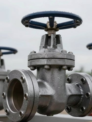 High-contrast close-up of heavy-duty industrial valves and structural steel flanges, overcast daylight, sharp metallic details, portrait aspect.