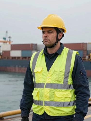 A professional industrial consultant in high-visibility safety gear standing at a deep-water shipping terminal, overcast sky, shipping containers blurred in background, portrait aspect.