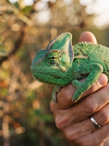 A close-up photograph of a hand gently holding a healthy green chameleon under warm golden-hour sunlight, showing skin texture and eye clarity, shallow depth of field.