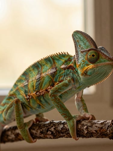 Close-up portrait of a healthy green Mediterranean chameleon perched on a textured branch, soft golden-hour window light, shallow depth of field