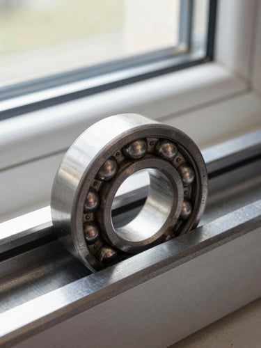 Macro shot of a heavy-duty stainless steel ball bearing roller sitting inside an aluminum sliding door track, natural window daylight, sharp technical photography, 35mm